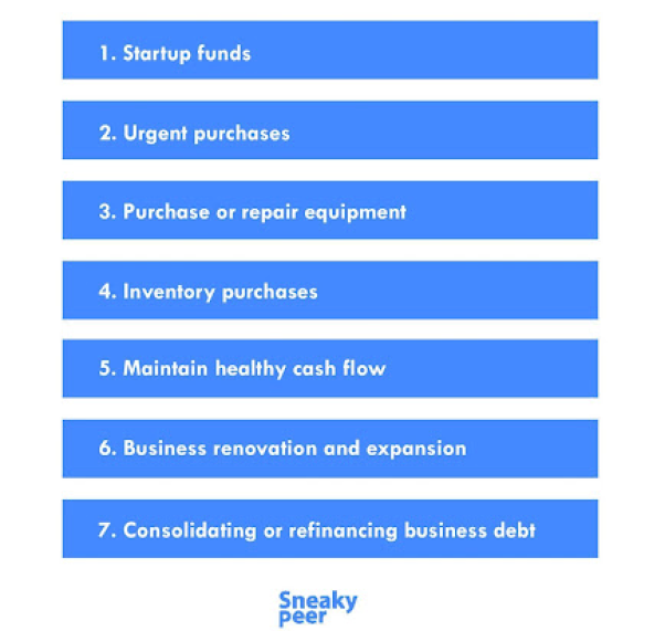 Startup funds, urgent purchases, purchase or repair equipment, inventory purchases and other are use cases for business loans.